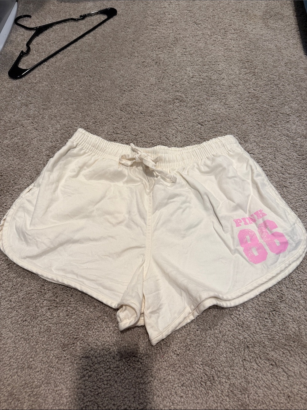PINK Victoria's Secret Cream Drawstring Women's Shorts with Pink '86' Print